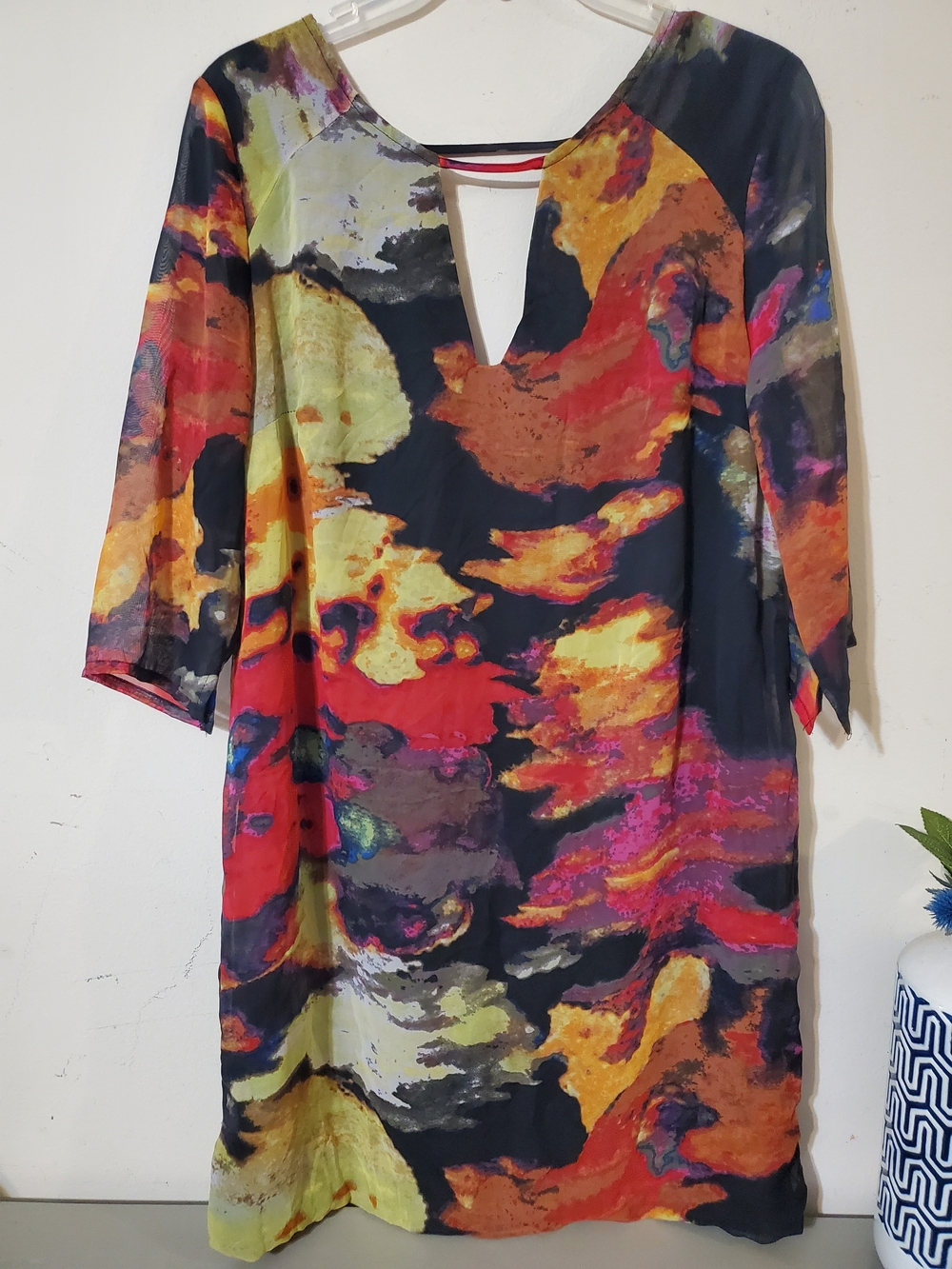 Vintage Y2k Colorful Abstract Print Black Sheer Shift Dress